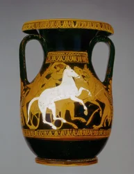 Attic rød-figur pelike dekoreret med heste, der bliver angrebet af griffins, fundet i Athen, 4. århundrede f.Kr. (keramik)